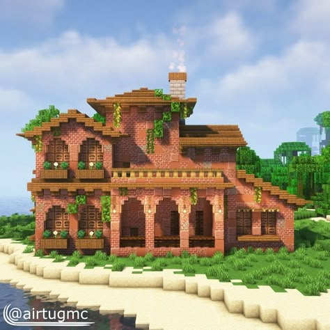 Minecraft Houses On Island, Rainforest Minecraft House, Old Fashioned Minecraft Houses, Cool Mc Builds, Spanish Minecraft House, Minecraft Hacienda, Minecraft House Inspiration Cottage, Minecraft Spanish Villa, Brick Minecraft Houses