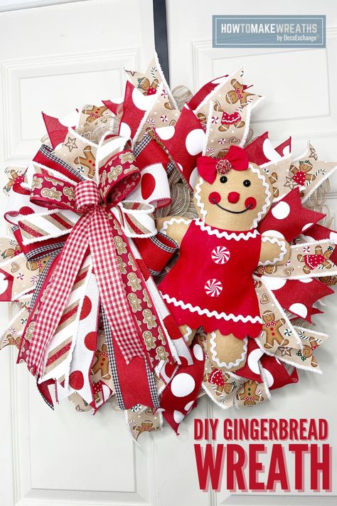 Gingerbread Wreaths, Candy Cane Wreath Tutorial, Wreath Making Tutorials, Diy Gingerbread, Gingerbread Wreath, Wreath For Christmas, Grinch Decorations, Make Your Own Wreath, Gingerbread Christmas Tree