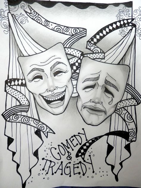 COMEDY AND TRAGEDY by Nelson Failing...The Art Colony and Willowing and Friends Theatre Art Illustration, Drama Drawings Art, Theatre Art Drawing, Theater Masks Drawing, Theatre Drawing, Theatrical Masks, Theatre Illustration, Comedy Tragedy Masks, Theatre Art