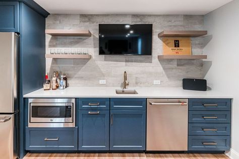 Kitchenette With Tv, Kitchenette Open Shelving, Kitchenette Blue Cabinets, Basement Kitchenette With Tv, Basement Bar With Tv, Basement Kitchenette No Sink, Blue Kitchenette Basement, Basement Kitchenette With Full Size Fridge, Small Basement Kitchen