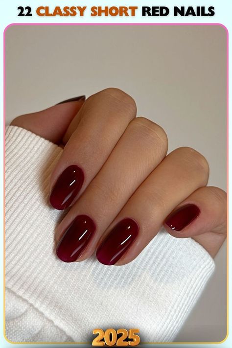 High-gloss deep red short nails deliver timeless elegance. This design is perfect for achieving a refined and polished manicure that pairs effortlessly with any outfit or setting. Cranberry Nails, Short Red Nails, Red Chrome Nails, Deep Red Nails, Office Nails, Red Gel Nails, Wine Nails, Dark Red Nails, Milky Nails