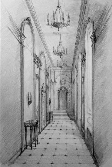 Art Gallery Perspective Drawing, Interior Perspective Drawing, Architecture Art Drawing, Hallway Drawing, People As Cartoons, One Perspective Drawing, Hall Drawing, Interior Architecture Sketch, Interior Drawing