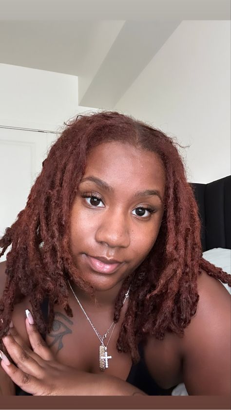 Copper Hair Locs, Reddish Brown Locs Black Women, Copper Brown Locs Black Women, Dark Ginger Locs Black Women, Loc Colors Black Women Dark Skin, Dyed Locs Brown, Dark Burgundy Locs, Sandy Brown Locs, Reddish Brown Locs