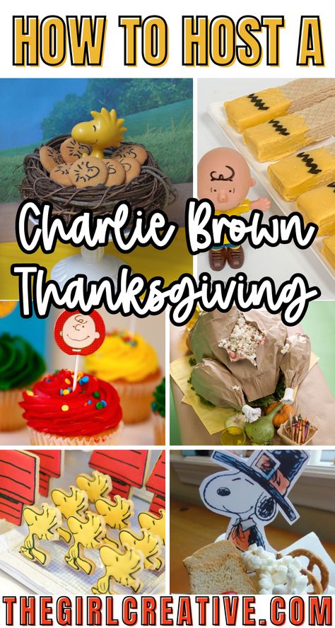 Everything you need to know about how to host a Charlie Brown Thanksgiving Party. From food ideas to a free printable invitation, all the details are here for you. Charlie Brown Thanksgiving | Charlie Brown Thanksgiving Party | Thanksgiving Party Snacks | Thanksgiving Party Planning | Thanksgiving Activities Preschool Thanksgiving Classroom Feast Ideas, Class Thanksgiving Party Food, Charley Brown Thanksgiving, Charlie Brown Thanksgiving Decorations, Charlie Brown Party Food, Charlie Brown Thanksgiving Party School, Peanuts Thanksgiving Party, Thanksgiving Kid Table, A Charlie Brown Thanksgiving