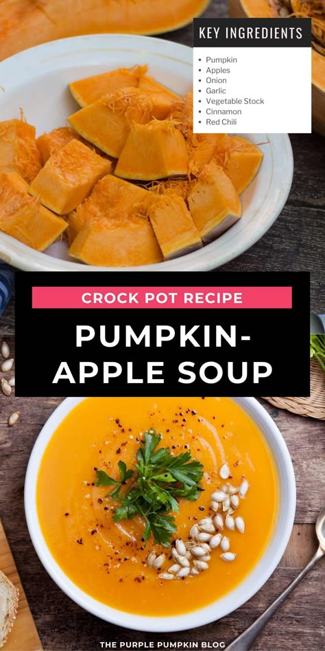 Soup season is upon us and this Slow Cooker Pumpkin Apple Soup Recipe is the perfect way to warm up on a chilly autumn day! This soup is packed with flavor and easy to make in your slow cooker. Serve it with a crusty baguette for a complete meal. So cozy up and enjoy! Pumpkin Soup Crockpot, Pumpkin Apple Soup Recipe, Pumpkin Apple Soup, Slow Cooker Pumpkin Soup, Apple Soup Recipes, Pumpkin Crockpot, Vegan Pumpkin Soup, Autumn Desserts, Creamy Pumpkin Soup