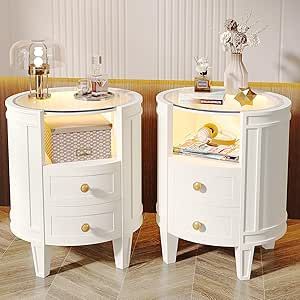 Tribesigns Set of 2 Nightstand with LED Glass Tabletop, Modern Ivory White Nightstand with 2 Drawers, No Assembly Required, Oval Bedside Table for Bedroom, Living Room Round Nightstand, Side Tables For Bedroom, Sleeping Quarters, Table Nightstand, White Nightstand, 2 Drawer Nightstand, Nursery Furniture Sets, Wood Nightstand, Cabinets For Sale