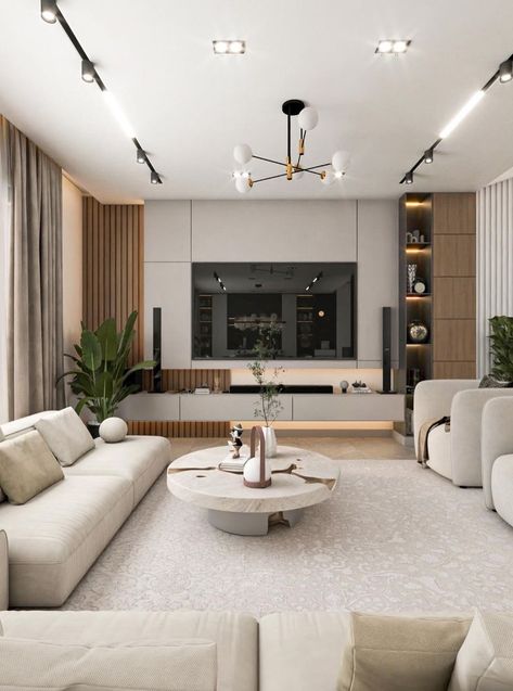 Upgrade your living space with the perfect lighting! 🌟 This stylish ceiling track lighting not only brightens the room but also adds a contemporary touch. Elevate your home aesthetic and create the perfect ambiance for any occasion! 💡✨ #LivingRoomGoals #LightingIdeas #HomeDecor #InteriorDesign #CuratedInterior Modern Tv Room Design, Track Lighting Living Room, Tv Wall Furniture, Modern Track Lighting, Interior Fireplace, Modern Tv Room, Living Room Lighting Ideas, Room Lighting Ideas, Interior Design News