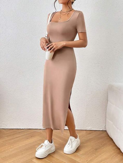 SHEIN Frenchy Square Neck Split Thigh Dress | SHEIN South Africa Dress For Short Women, Look Casual, Collar Dress, Women Dresses, Dress P, Fashion Online Shop, Square Neck, All Fashion, South Africa