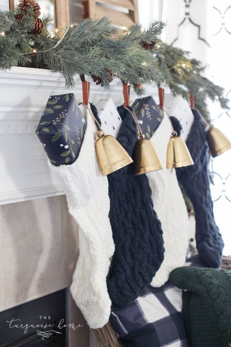 Black And White Stockings, Simple Christmas Mantel, Simple Mantel, Blue Christmas Stocking, Christmas Mantel Decor, Navy Decor, Christmas Color Palette, Christmas Simple, Navy Christmas