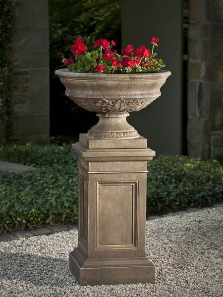 Campania International Coachhouse Urn on Coachhouse Pedestal Outdoor Urns, Stone Planter, Campania International, Garden Urns, Sloped Garden, Urn Planters, Focal Points, Garden Accents, Garden Fountains