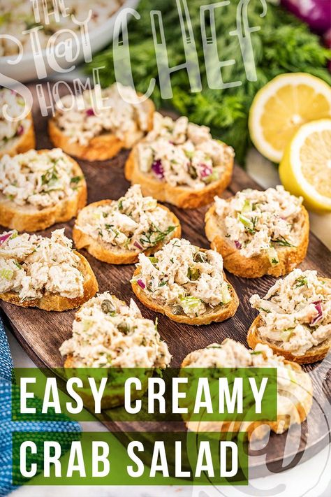 This easy creamy crab salad recipe is made with real lump crab, fresh chopped crunchy celery and onion, and a creamy mayonnaise-based sauce to bring it all together. It’s refreshing and so easy to put together! Discover the delicious details today. Cold Crab Salad Recipe, Creamy Crab Salad, Canned Crab Salad Recipe Easy, Crab Salad Appetizer, Blue Crab Salad, Real Crab Salad Recipe, Crab Salad Recipe Easy Healthy, Crab Salad Recipe Easy, Lump Crab Meat Recipes Appetizers