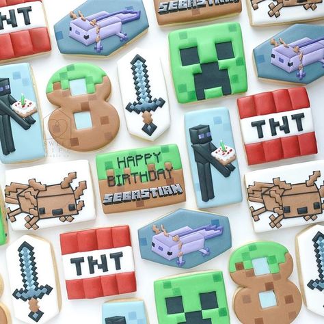 Minecraft Cookies Decorated Birthday, Minecraft Cookies Royal Icing, Gamer Cookies Decorated, Minecraft Sugar Cookies, Minecraft Cookies Decorated, Minecraft Sweets, Sweets Decoration, Minecraft Birthday Decorations, Boys 8th Birthday