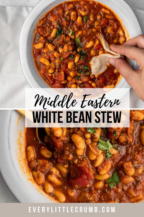 This vegan white bean stew is a classic in Middle Eastern cuisine, and this version is known as Moroccan Loubia. Canned beans, no overnight soak and and just a handful of ingredients. It's packed with flavor and so healthy! #beanstew #loubia #moroccanfood #middleeasternfood #veganbeans Middle Eastern Stew Recipes, Moroccan White Beans, Foul Beans Recipe, Vegan White Bean Stew, Vegan Winter Stew, Middle Eastern Bean Recipes, Vegan Northern Bean Recipes, Great Northern Beans Recipe Vegetarian, Middle Eastern Stew