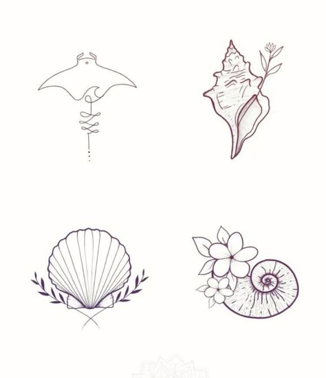 Small Seashell Tattoo Ideas, Simple Tattoo Outline Design, Flower Beach Tattoo, Shells Tattoo Ideas, Cute Shell Tattoo, Seashell Tattoo Ideas, Fineline Shell Tattoo, Seashell Flower Tattoo, Small Sea Life Tattoos