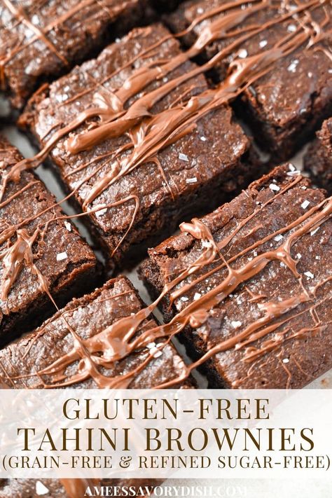 Grain-Free Tahini Brownies Sweet Tahini Recipe Ideas, Keto Tahini Recipes, Tahini Dessert Recipes, Tahini Recipe Ideas, Tahini Blondies, Tahini Brownies, Tahini Recipes, Chocolate Tahini, Tahini Recipe