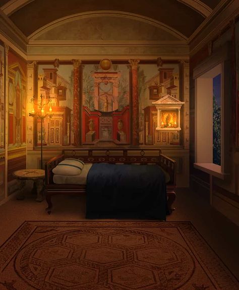 Bedroom - night Dark Fantasy Bedroom Concept Art, Ancient Greece Bedroom, Roman Bedroom, Rome Landscape, Greek House Interior, Mystical Bedroom, Greek Bedroom, Mediterranean Bedroom, Fantasy Bedroom