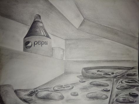 Ants veiw from the pizza , having the box half open and a pepsi bottle outside the box. Ant Eye View Perspective Drawing, Open Box Drawing, Ants View Perspective Drawing, Drawing Of Pizza, Drawing Of Room, Pizza Box Drawing, Ant Perspective, Music Art Drawing, View Sketch