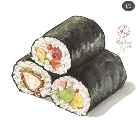 Korean Food Painting, Japanese Food Sketch, Kimbap Illustration, Korean Food Illustration Art, Kimbap Drawing, Korean Food Drawing, Japanese Food Drawing, Korean Food Art, Sushi Illustration