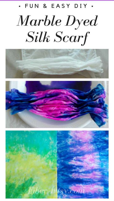 DIY Marble Dye Silk Scarves. Here's a fun tie dye shibori folding technique to make a silk scarf look marbled. Step by step fabric dyeing tutorial by FiberArtsy.com. Oh, and Silk Scarves make a great DIY Gift for Christmas, Birthdays or Mother's Day. Dyeing Tutorials, Diy Fabric Crafts, Diy Marble, Homemade Wreaths, Diy Gifts For Dad, How To Tie Dye, Diy Scarf, Silk Scarf Painting, Burlap Crafts