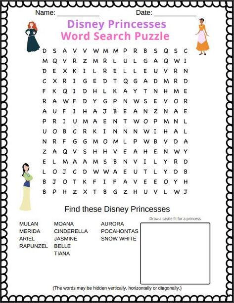 Does you kid love Disney?  Check out this free printable Disney Princesses word search puzzle. It is a printable PDF containing the names of all 12 official Disney princesses.  Plus there is a spot to draw a castle and some writing prompts too.  #wordsearch  #wordsearchpuzzles   #wordsearchforkids  #disneyprincesses  #wordsearchprintablesforkids  #printablesforkids Barbie Word Search, Disney Word Search Free Printable, Disney Crossword Puzzles Printable, Disney Word Search Printables, Disney Worksheets, Disney Word Search, Disney Writing, Disney Coloring Pages Printables, Quiz Disney