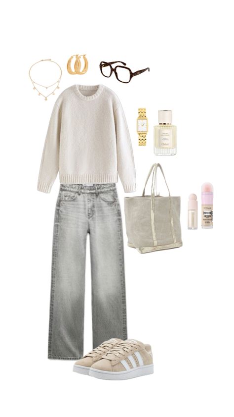 Outfit Pull Beige, White Jean Fall Outfit, Outfit Jean Blanc, Beige Hose Outfit, White Jeans Outfit Fall, White Jeans Fall, Outfit Campus, Ootd Idea, Ootd Jeans