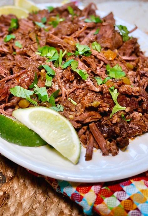 Mexican Shredded Beef - 35 Minute Instant Pot Recipe | The Foodie Affair Carne Asada Shredded Beef, Shredded Beef Tostadas, Shredded Beef Tostada Recipes, Eye Round Roast Recipe Instant Pot, Instant Pot Eye Of Round Roast Recipes, Tostada Bar, Instant Pot Shredded Beef, Top Round Roast Recipe, Shredded Beef Recipe