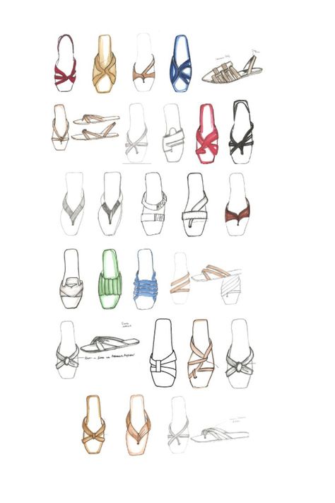 Exploration of sandal designs showing topviews only. Sandals Illustration, Types Of Sandals, Fashion Design Classes, Shoe Sketches, Sketchbook Art, Rainbow High, Fashion Illustrator, Journal Entries, End Of Year