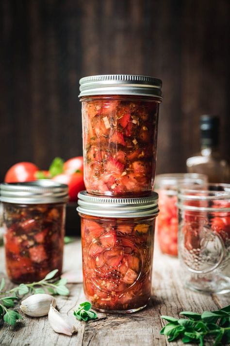 Tomato Bruschetta in a Jar is such a great way to preserve beautiful summer produce to use throughout the year! It’s easy to make, super flavorful, and also makes for a great DIY gift to bring to the host of your next summer dinner party. #canning #tomatoes #balljars #preserving #summerproduce | crowdedkitchen.com Bruschetta In A Jar, Canning Plums, Tomato Caprese, Crowded Kitchen, Tomato Bruschetta, Canning Food Preservation, Bruschetta Recipe, Summer Produce, Dinner Party Summer