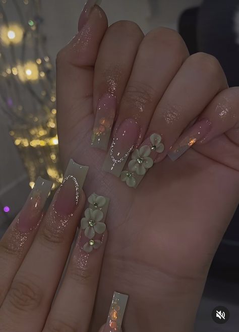 Wedding Nails With Sage Green, Sage Green Nails Medium Length, Sage Green Nails With Gems, Sage Quince Nails, Sage Green Coffin Nails, Sage Green Quince Nails, Sage Green And Pink Quinceanera Theme, Green Sage Nails, Green Quince Nails