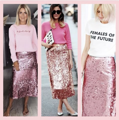 Pink Sequin Skirt Outfit, Metallic Skirt Outfit, Rose Gold Sequin Skirt, Pink Sequin Skirt, Pink Skirt Outfits, Sequin Skirt Outfit, Bright Outfit, Post Partum Outfits, Color Combinations For Clothes