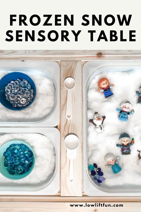 Frozen Sensory Bin, Frozen Crafts For Toddlers, Frozen Sensory Play, Winter Themed Sensory Activities, Activites For Toddlers, Frozen Themed Sensory Bin, Snow Sensory Table, Preschool Sensory Table, Winter Animal Sensory For Toddlers