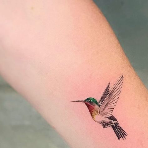 Colored Hummingbird Tattoo, German Tattoo Ideas For Women, Colorful Hummingbird Tattoo, Hummingbird Flower Tattoos, Bird Shoulder Tattoos, Small Hummingbird Tattoo, German Tattoo, Tiny Bird Tattoos, Bird Tattoos For Women