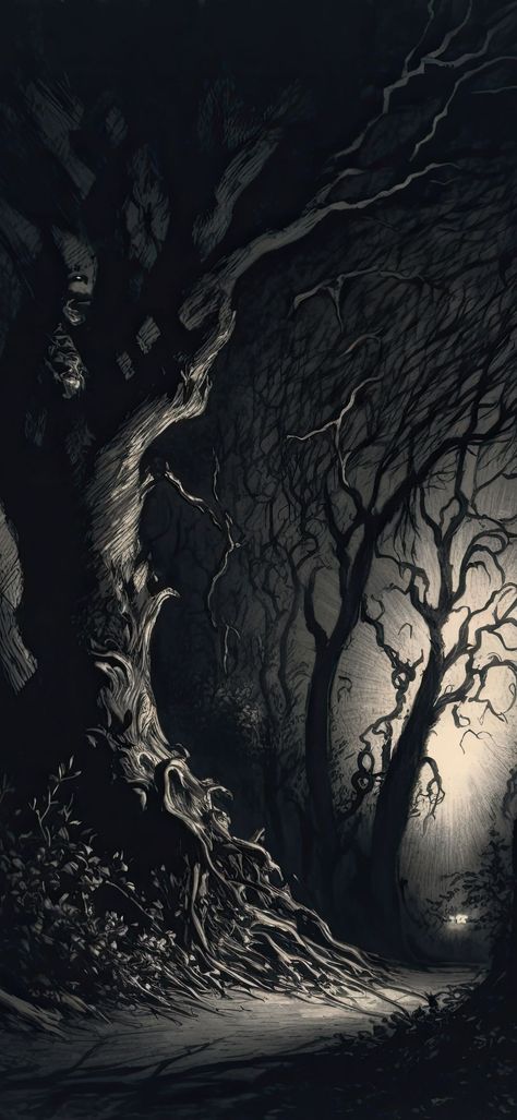 Shadow Tree, Spooky Castles, Dark Gothic Art, Scary Backgrounds, Creepy Backgrounds, Dark Forest Aesthetic, Scary Drawings, Forest Drawing, Amoled Wallpapers