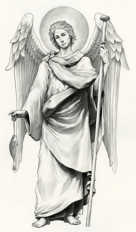 St Raphael Archangel Tattoo, Angel Raphael Tattoo, Archangel Raphael Tattoo, Angel Tattoo Sketch, Raphael Tattoo, Saint Raphael Archangel, Raphael Archangel, Angel Raphael, Holly Irwin