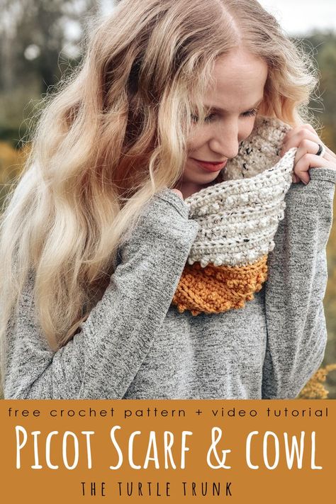 pinterest pin for the picor scarf and cowl crochet pattern by The Turtle Trunk Super Scarf Crochet Patterns, Picot Crochet, Home Decor Patterns, Free Crochet Scarf, Foundation Half Double Crochet, Simple Scarf Crochet Pattern, Cowl Crochet Pattern, Crochet Cowl Free Pattern, Crochet Cowls