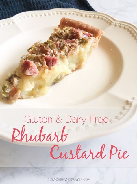 Too much rhubarb this summer? This Rhubarb Custard Pie recipe is so creamy and delicious, you would never know that it is gluten and dairy free! This Rhubarb Pie melts in your mouth! #quickrhubarbrecipes #rhubarbrecipes #glutenfreerhubarbrecipes #dairyfreecustard #dairyfreerhubarbrecipes #glutenanddairyfreerhubarbdesserts Gluten And Dairy Free Rhubarb Recipes, Dairy Free Rhubarb Recipes, Gluten Free Rhubarb Recipes, Rhubarb Custard Pie Recipe, Gluten Free Rhubarb, Spring Eats, Dairy Free Custard, Rhubarb Custard Pie, Basic Foods