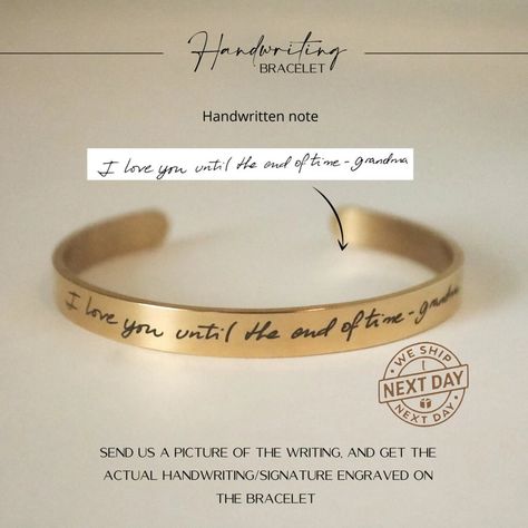 Preserve the precious words and memories of a loved one with our Handwriting Cuff, a beautifully personalized custom bracelet that holds a special place in your heart. This memorial jewelry piece serves as a touching and sentimental gift for yourself or someone who cherishes the heartfelt handwritten messages from a dear friend, family member, or partner. Details: * Mirror polish 18K Gold Plated * The bracelet measures 6 inches x 1/4 inch or 6 Inches x 1/2 inch and can be gently squeezed or pull Gold Bar Necklace Personalized, Handwriting Gifts, Handwriting Bracelet, Signature Bracelet, Delicate Gold Necklace, Custom Initial Necklace, Bar Necklace Personalized, Custom Bracelet, Gold Bar Necklace