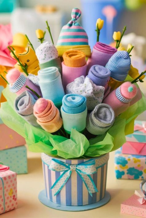 20 DIY Baby Shower Gifts [Easy To Make] Cute Ways To Wrap Baby Shower Gifts, Baby Shower Wrapping Ideas, Baby Shower Gift Wrapping Ideas, Diy Baby Shower Gift Basket, Easy Baby Shower Gift, Baby Shower Gift Wrap, Creative Baby Shower Gifts, Homemade Baby Gifts, Baby Onesie Gift