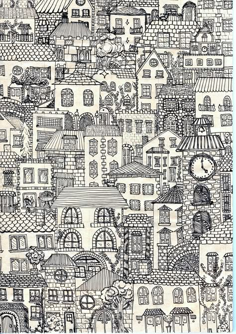 City Scape Line Drawing, Building Doodle Art, Drawing Town Buildings, Doodle Art Buildings, Town Sketch Simple, Fineliner Art Buildings, Street Doodle Art, Town Drawing Buildings, Doodle Houses Drawing