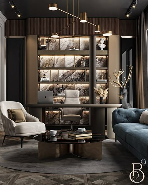 Modern home office design in New Cairo | Behance Luxurious Study Room, Modern Manor, Executive Office Design, Elegant Home Office, Office Interior Design Modern, Study Room Design, Palm Jumeirah, Luxury Office, Design Apartment