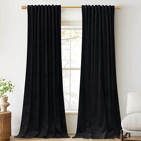 Black Drapes Bedroom, Moody Bedroom Curtains & Drapes, Black Velvet Curtains Living Rooms, Black Velvet Curtains Bedroom, Black Curtains Bedroom, Black Velvet Curtains, Living Room Sliding Doors, Theatre Backdrops, Moody Green