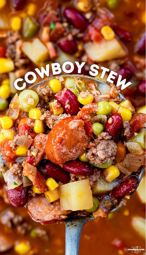 Cowboy Stew is a wholesome and satisfying dish that combines a variety of ingredients to create a flavorful and hearty meal! It features a medley of savory meats, vegetables, and seasonings in a rich beef broth that is sure to satisfy and fill you up. It’s a stew that surely eats like a meal! Cowboy Dishes, Texas Cowboy Stew, Ground Beef Stew Recipes, Beef Stew Meat Recipes, Cowboy Stew, Ground Beef Stews, Cowboy Beans, Stew Meat Recipes, Cubed Potatoes