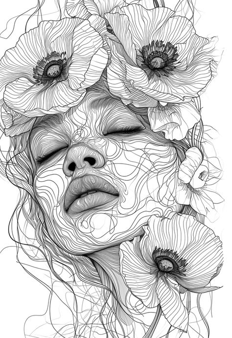 Lady With Flowers Drawing, Flower Portrait Drawing, Peony Flower Sketch, Person With Flowers Drawing, Line Art Portrait Faces, Line Sketches Art, Face With Flowers Drawing, Flower Design Painting, Flower Face Art