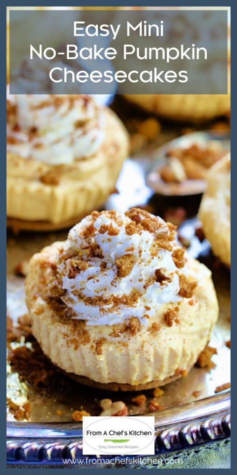 Your guests will think you really fussed with these Mini No-Bake Pumpkin Cheesecakes! Individual creamy, dreamy pumpkin cheesecakes are topped with sweetened whipped cream and a gingersnap cookie topping. They're super simple, so impressive and versatile! 2023 Desserts, Cool Whip Pies, Pumpkin Cheesecakes, Cheesecake With Whipped Cream, Mini Pumpkin Cheesecake, No Bake Pumpkin, Sweet Whipped Cream, Bake Pumpkin, No Bake Pumpkin Cheesecake