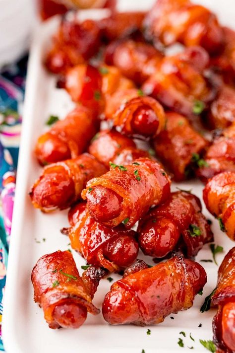 Bacon Wrapped Little Smokies - Sugar and Soul Bacon Wrapped Lil Smokies, Appetizer Wraps, Wrapped Smokies, Bacon Party, Savory Snack Recipes, Bacon Wrapped Smokies, Lil Smokies, Bacon Dishes, Caramelized Bacon