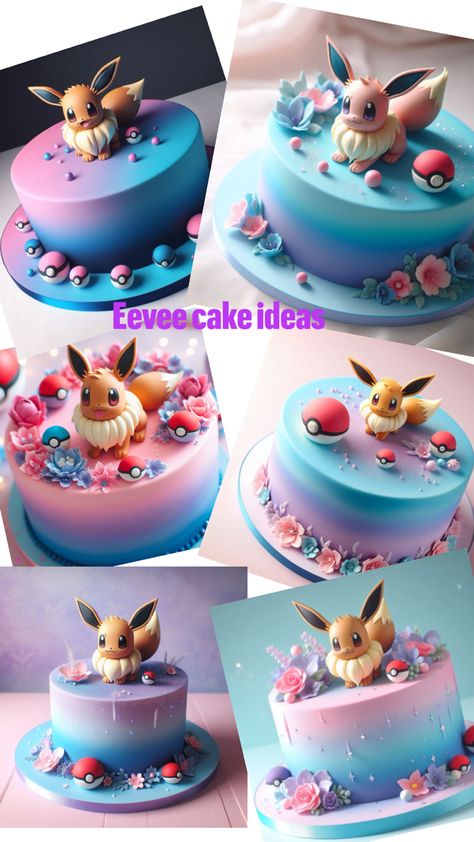 Cake ideas with Eevee pokemon and pastel tones Simple Pokemon Cake Ideas, Eevee Pokemon Cake, Evee Pokemon Cake, Eevee Cake Ideas, Easy Pokemon Cake Ideas, Mewtwo Cake, Eevee Birthday Cake, Eevee Birthday Party, Eevee Birthday Party Ideas