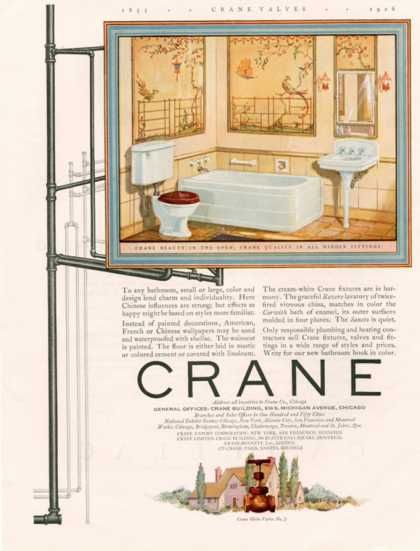 Crane, USA (1926) 1920’s Bathroom, 1920 Bathroom, Bathroom Drawing, Advertising Archives, Chinese Wallpaper, 1920s House, Retro Bathrooms, Vintage Interior, Bath Tub