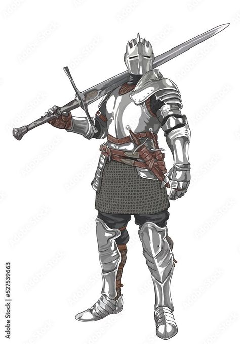 Historically Accurate Knight, Knight Armor Cosplay, Knight Armor Drawing, Medieval Swords Illustration, Knight Armor Reference Drawing, Knight Side Profile, Armour Drawing Reference, Greatsword Pose, How To Draw Armor