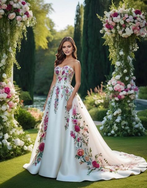 Wedding Dress With Colourful Flowers, Embroidery Dress Wedding, Matric Farewell Dresses, Civil Dress, Wedding Dress Colorful, Farewell Dresses, Wedding Frocks, Floral Applique Dress, Colourful Wedding