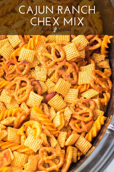 This Cajun Ranch Slow Cooker Chex mis is perfect for the holidays or game day! Make a big batch and have it on hand for any day of the week! #slowcooker #chexmix #snackmix Seasoned Ranch Chex Mix Recipes, Cheez It Recipe Snacks, Chex Mix With Cheese Its, Chex Mix Ranch Recipe, Cheesy Ranch Chex Mix Recipes, Cheez It Snack Mix Recipe Ranch, Spicy Ranch Chex Mix Recipes, Chex Mix With Ranch Seasoning, Easy Snacks For Movie Night